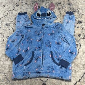 Disney Stitch Adult Onesie Pajamas Hooded Zip Up Blue Fleece Sleepwear Size M